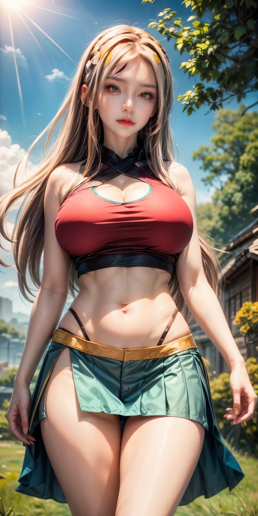 realistic, 1 women, best quality, 12k, HD, long hair, big round breasts, cleavage, ponytail, necklace, jewelry, shorts, short jacket, slim hips, hair tie, yellow eyes, black hair, super detailed, Eye details, hair details, person details, mouth details, face details, breast details, clothes details, hair details, pants details, hand details, whole body