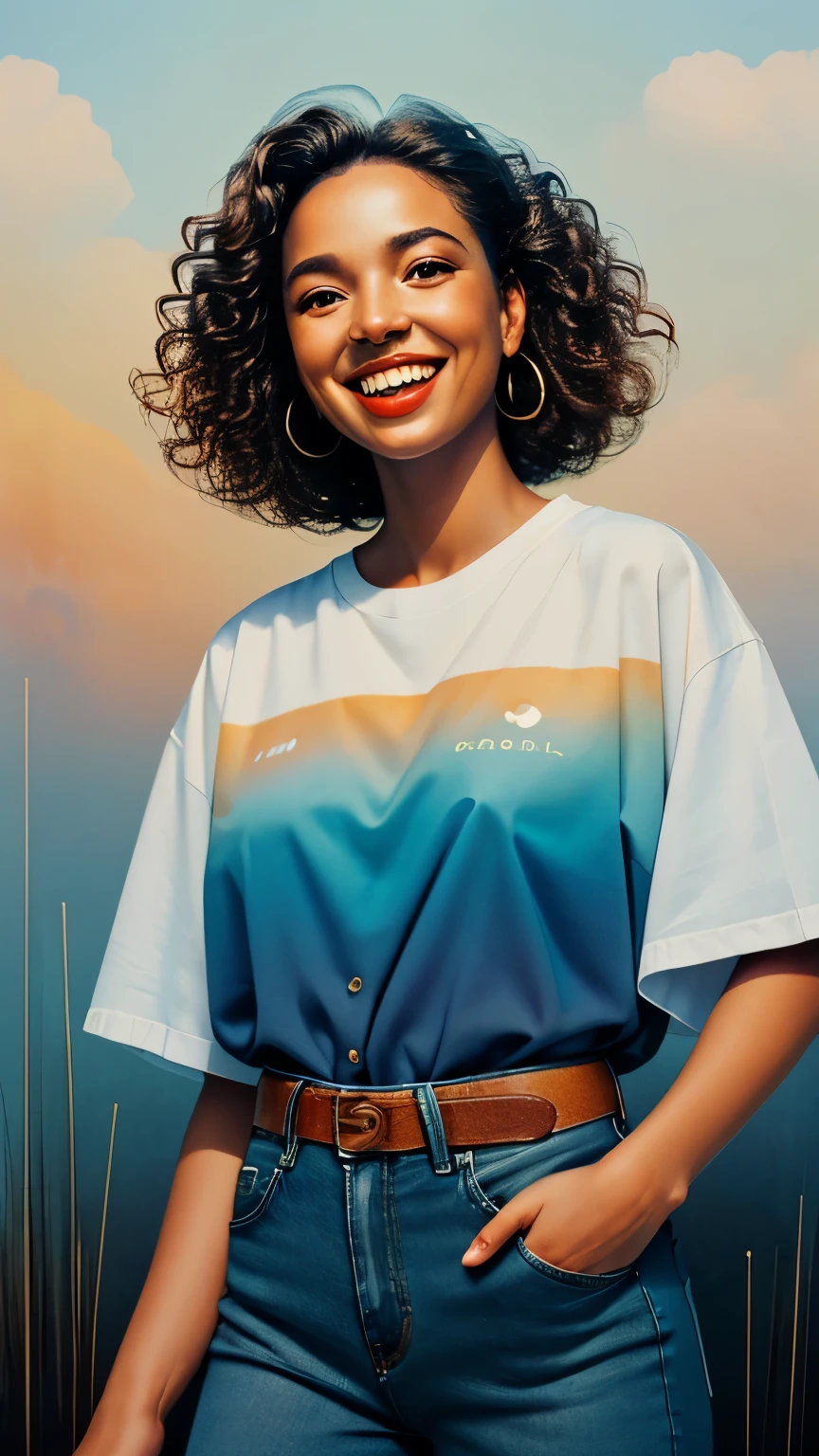 , portrait, Sunshine on my skin, Joyful laughter fills the air, Life is good within, stunning gradient colors, no watermark signature, detailed background, insanely detailed, ((masterpiece)), absurdres, HDR, blue Jeans, white sneakers