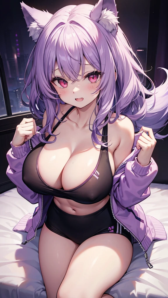 Wolf Girl, Large Breasts, Voluminous, messy, light purple hair, masterpiece , Red eyes, hd, Head to Chest, Put in your chest、 tooth、Double teeth,, On the bed、Thick thighs、Grinning、Sports Bra、Big Tits、Open your mouth、Jacket