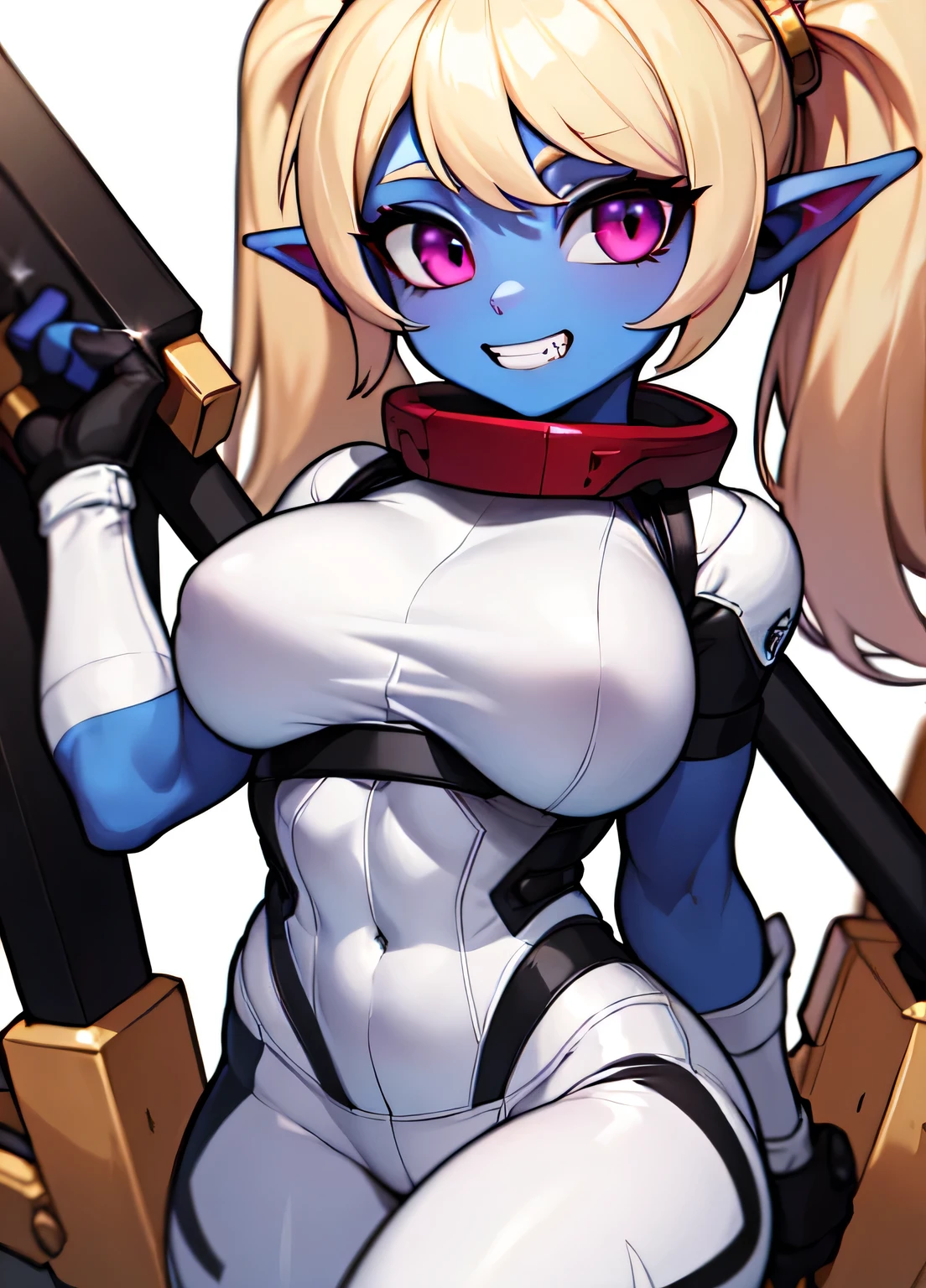 ((best quality)), ((highly detailed)), absurdres, extremely detailed face, beautiful face, (detailed eyes, deep eyes), (1woman), dynamic pose, cowboy shot, (poppy:1.1), yordle, blonde hair, twintails, magenta eyes, short, curvy,muscular,toned muscles, wide hips, ((colored skin, light blue skin)), large breasts, grin, spacesuit, white pants:.3, (holding colossal rocket-hammer), (inside, the ISS)