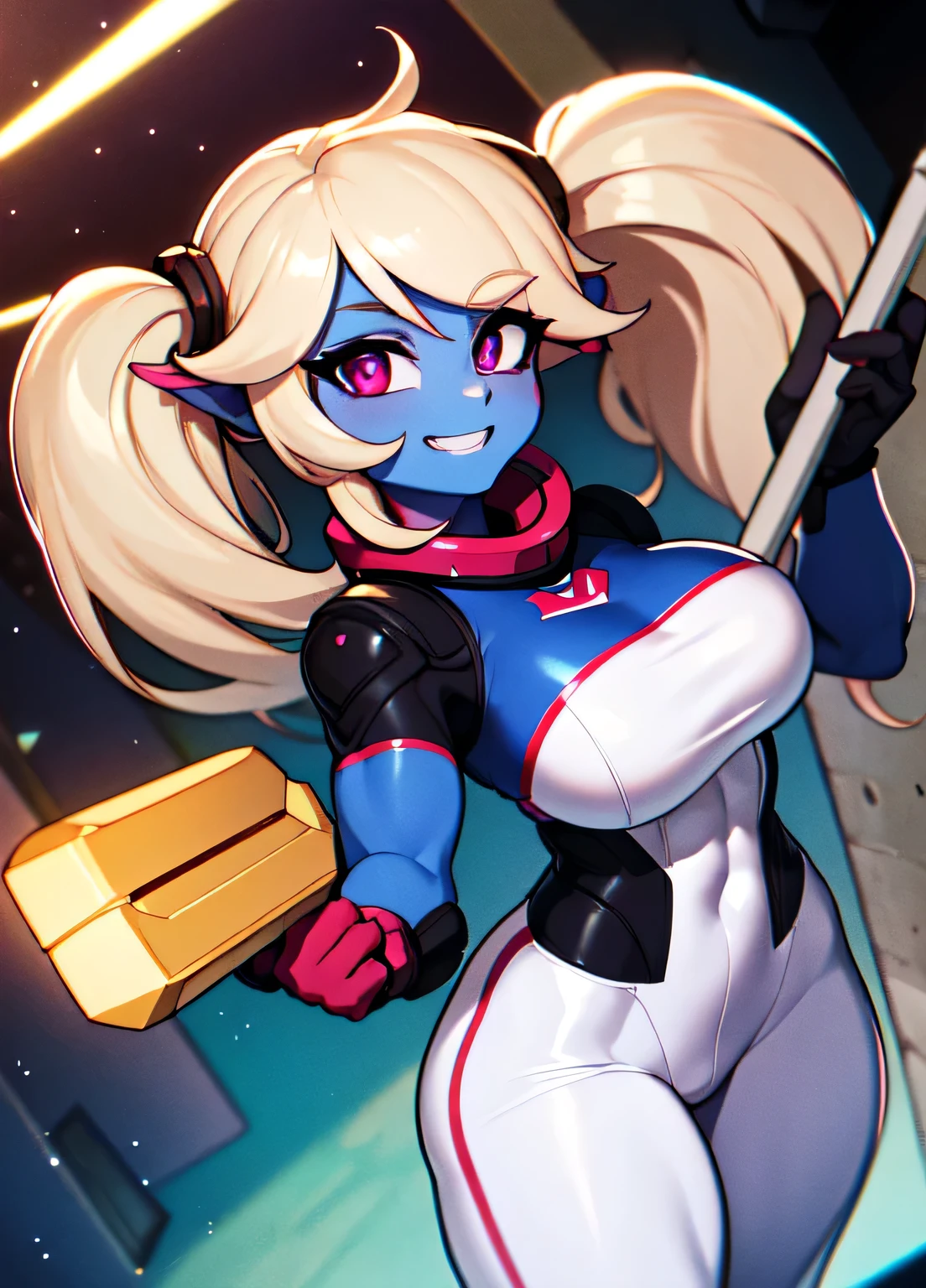 ((best quality)), ((highly detailed)), absurdres, extremely detailed face, beautiful face, (detailed eyes, deep eyes), (1woman), dynamic pose, cowboy shot, (poppy:1.1), yordle, blonde hair, twintails, magenta eyes, short, curvy,muscular,toned muscles, wide hips, ((colored skin, light blue skin)), large breasts, grin, spacesuit, white pants:.3, (holding colossal rocket-hammer), (inside, the ISS)
