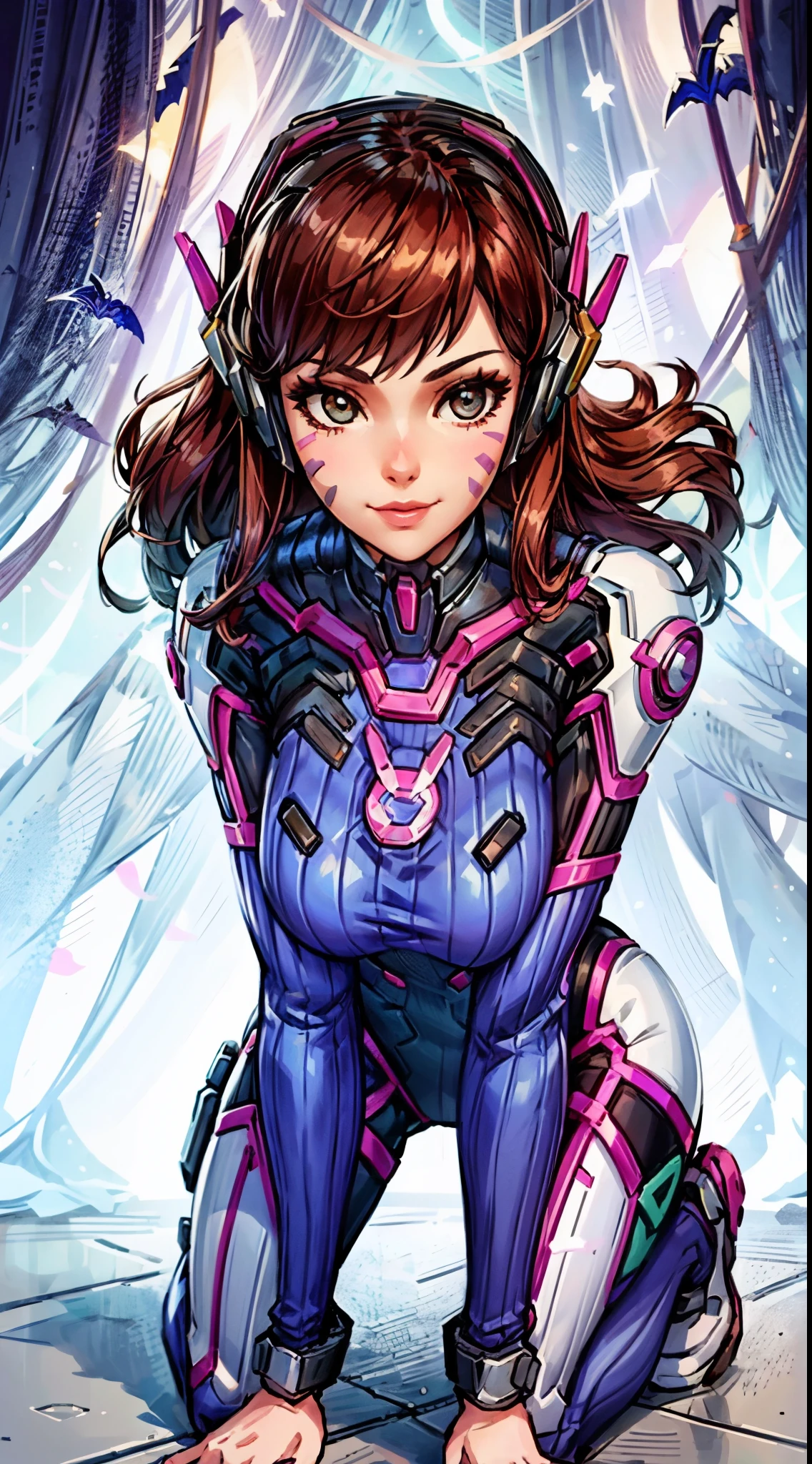 A girl ,from knee shot,cosplaying Dva from the game Overwatch, with a Halloween background. The portrait is of the highest quality (best quality, masterpiece:1.1) and has a realistic appearance (realistic:1.4). The focus is on the detailed depiction of the girl's face, specifically her beautiful eyes, detailed lips, and long eyelashes. The girl is dressed in a cosplay costume of the character Dva from Overwatch, and the scene is set against a Halloween-themed background. The colors of the portrait are vibrant and vivid. The lighting is well-balanced, highlighting the girl's features and creating a visually appealing atmosphere.,kneeling, show ass,smirk,full body pose