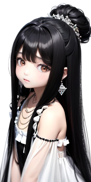 Top quality masterpiece illustrations、Black hair and black eyes、Wearing multiple necklaces、Wearing earrings、Little girl in black and white fancy dress looking up、Cute and elegant face with long hair in the upward view. The angle of the lower body is fair.、More hair details、