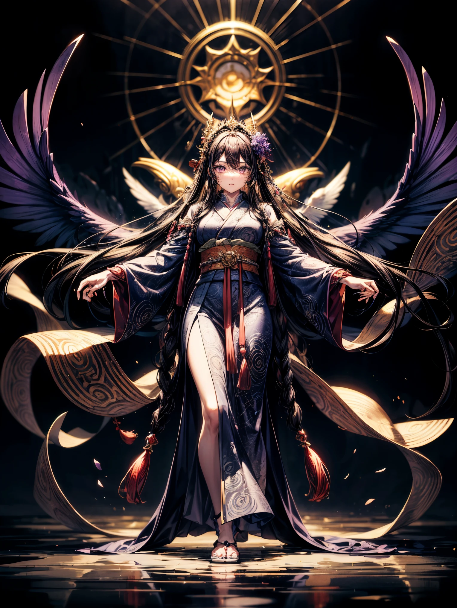 masterpiece,highest quality,Ultra high definition,Izanami,Mythical atmosphere, Long flowing black hair, ((purple eyes)), Traditional divine robe, Mysterious aura, Wisteria ornamentation, Sea of clouds in background, Ancient Japanese god-like appearance, Graceful standing posture, Silent expression, Accessories with sacred power, Mythological background,purple eyes