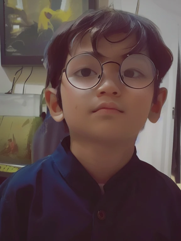 there is a young boy wearing glasses and a blue shirt, wearing small round glasses, with serious face expression, close up potrait, inspired by Abidin Dino, looking at camera!!!, with glasses, with accurate face, wearing black frame glasses, looking intensely at the camera, wearing big black circle glasses, wearing round glasses