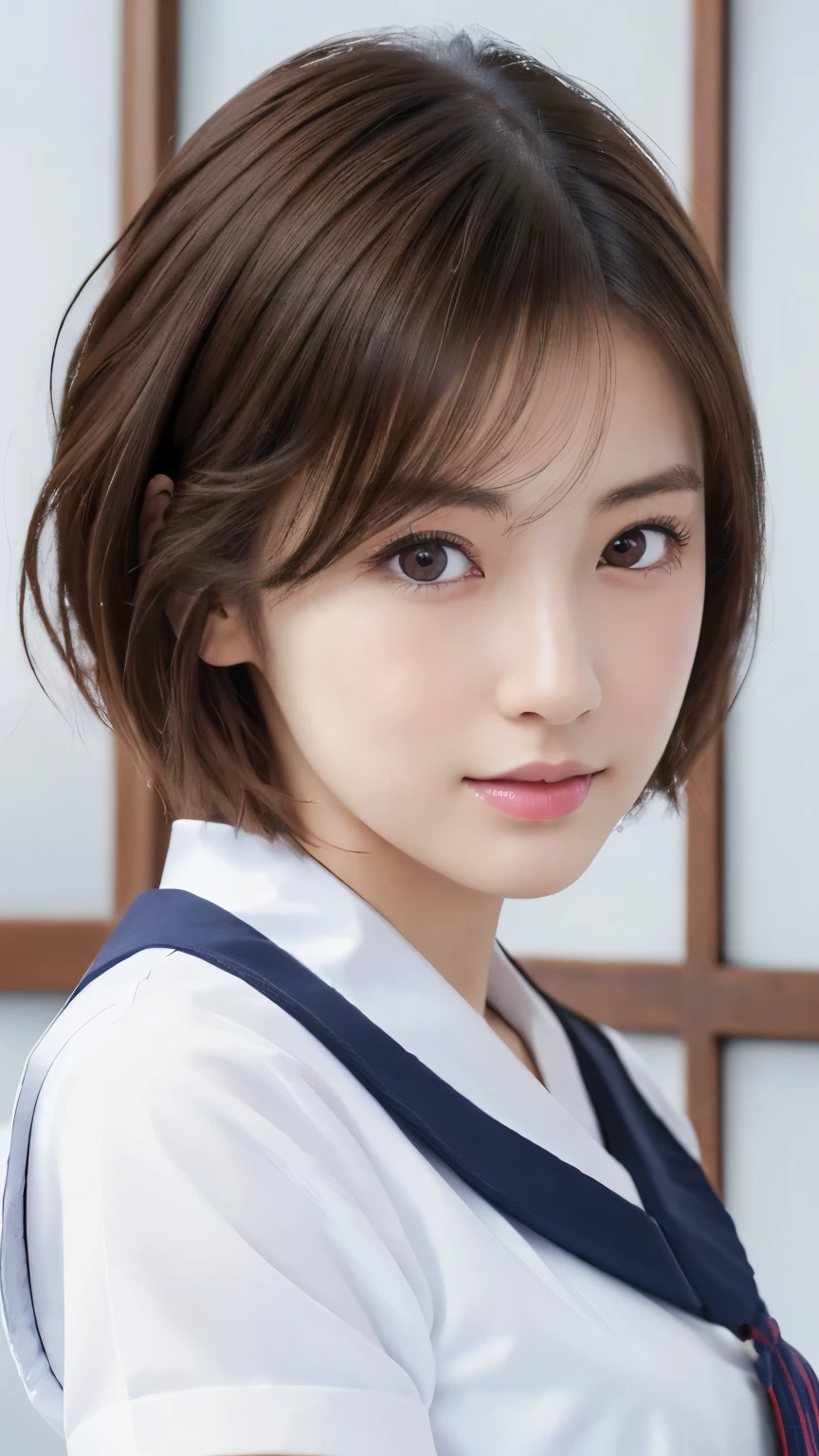 (masterpiece:1.3), (8k, Photorealistic, RAW Photos, Best image quality: 1.4), Japanese, (1 girl), Beautiful Face, (A vivid face), Beautiful hairstyle, Realistic eyes, Beautiful Eyes, (Realistic Skin),(short hair:1.3) ,Beautiful Skin, charm, 超A high resolution, Surreal, (Big Breasts)、Attention to detail,  Detail Makeup,Seeing the viewer,、indoor、School classroom、Shaved pubic hair、((Full body portrait)),(Japanese short sleeve school sailor uniform).Lower body naked、Trimmed pubic hair、bottomless、naked