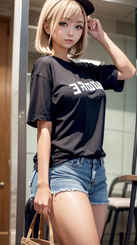 、smile、Large Breasts、whole body、Japanese Girls、Blonde、slender、Short Hair、whole body、Dark tanned skin、Gal Makeup、、Nice body、Cleavage、Blonde、he is short、Height: about 150cm、One girl photoshoot、Girl alone、Blonde、Oversized T-shirt、Distressed jeans,Very big T-shirt、Loose T-shirt、Black baseball cap