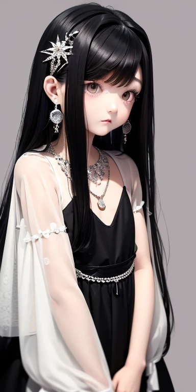 Top quality masterpiece illustrations、Black hair and black eyes、Wearing multiple necklaces、Wearing earrings、 in black and white fancy dress looking up、Cute and elegant face with long hair in the upward view. The angle of the lower body is fair.、More hair details、