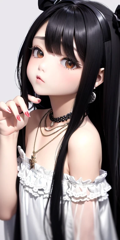 Top quality masterpiece illustrations、Black hair and black eyes、Wearing multiple necklaces、Wearing earrings、Little girl in black and white fancy dress looking up、Cute and elegant face with long hair in the upward view. The angle of the lower body is fair.、More hair details、