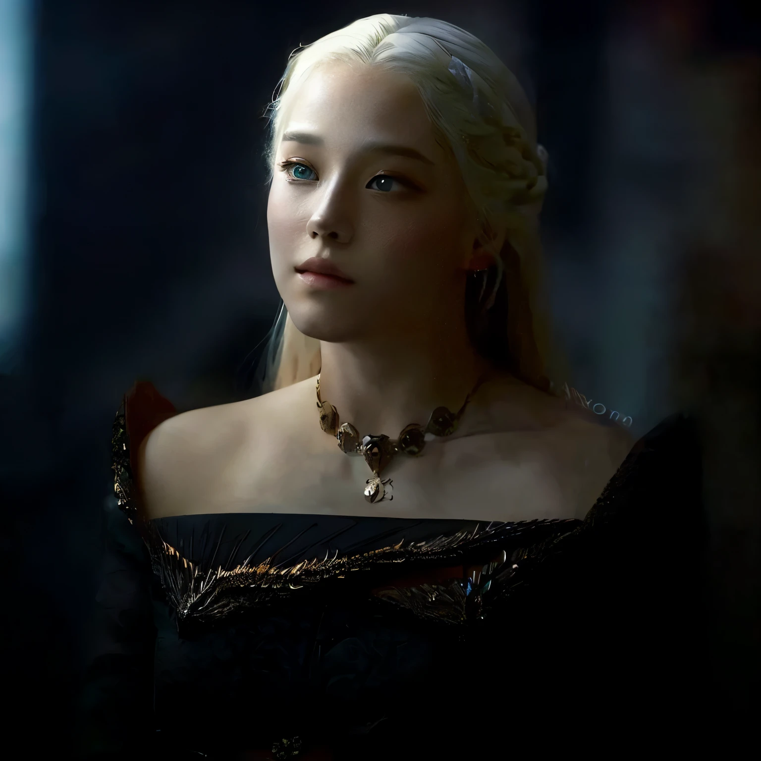 un primer plano de una mujer con un collar en el cuello, Targaryen, de arte, inspired by Júlíana Sveinsdóttir, as a medieval fantasy character, photorealistic de arte, estilo de juego de tronos, estilo juego de tronos, de tronos, momzzang, maquillaje popular de Corea del Sur