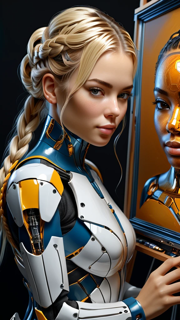 The easel, the paints, the artist, standing Full-length, Sexy cyborg woman drawing self-portrait in oil paints, french braid, blonde hair, (Best quality, 4K, 8k, A high resolution, masterpiece:1.2), absurdity, masterpiece, ultra detailed, Semi-turn, (realistic, photorealistic, photorealistic:1.37), complex parts, HDR, (complex parts:1.12), (hyper detailed, hyper realistic, Soft lighting, spicy:1.2), beautiful figure, Magnificent Anatomy, (complex part, Hyper detailed:1.15), Smooth skin,