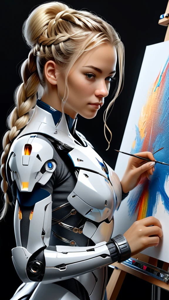 The easel, the paints, the artist, standing Full-length, Sexy cyborg woman drawing self-portrait in oil paints, french braid, blonde hair, (Best quality, 4K, 8k, A high resolution, masterpiece:1.2), absurdity, masterpiece, ultra detailed, Semi-turn, (realistic, photorealistic, photorealistic:1.37), complex parts, HDR, (complex parts:1.12), (hyper detailed, hyper realistic, Soft lighting, spicy:1.2), beautiful figure, Magnificent Anatomy, (complex part, Hyper detailed:1.15), Smooth skin,