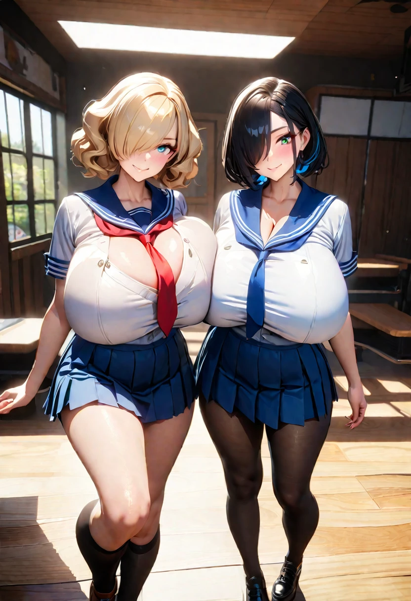 masterpiece, Top Tier, Gorgeous, 8k, unity wallpaper, Unreal Engine 5, Ray Tracing, 8k, Cinematic, various depth of field, Octane Rendering, elegant, Tone Mapping, hyperfocus、最高masterpiece、highest quality:1.2、8K、(Two women in their 30s standing side by side)、Married Woman:1.5、Close-up of two women、((A Russian woman with short blonde hair in a loose perm and two Japanese women with long black hair))、Hair Over One Eye、Mom:1.4、Mature Woman:1.4、Huge breasts:1.8、Slightly sagging breasts:1.2、Long Breasts:1.5、Sailor suit cosplay、A loosely wrapped tie、Bewitching Smile、Sweat drips down my cleavage、Unbutton one of your uniform buttons、School、classroom、Classroom、black tights、Black Stockings、Detailed five fingers、White shirt、Dark blue mini skirt、Pleated skirt