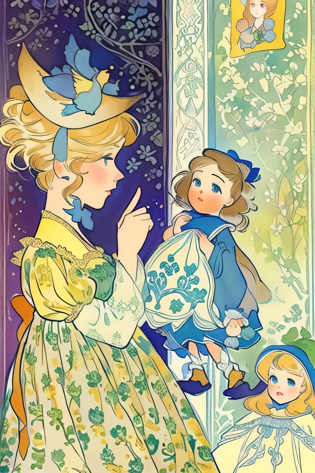 there is a picture of a woman holding a doll and a doll doll, classic children's illustration, by Mary Audsley, by Jessie Willcox Smith, illustration for children, by Dorothy Hood, storybook illustration, a storybook illustration, classic children's illustrations, children's book illustration, children’s book illustration, children's illustration, inspired by Jessie Willcox Smith