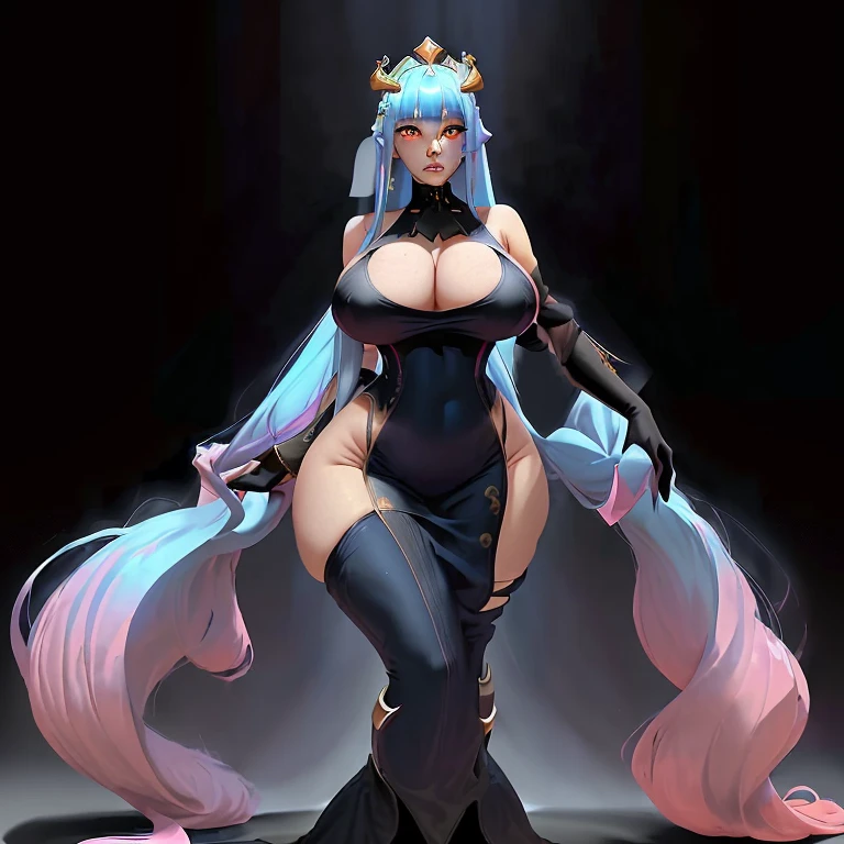 a girl with long blue hair and a pink gradient in the fringe with white eyes and dressed in a very long black bodycon dress with a sweetheart neckline with long black gloves and wearing a golden crown with rubies With really big tits and really big hips Making a sexy pose