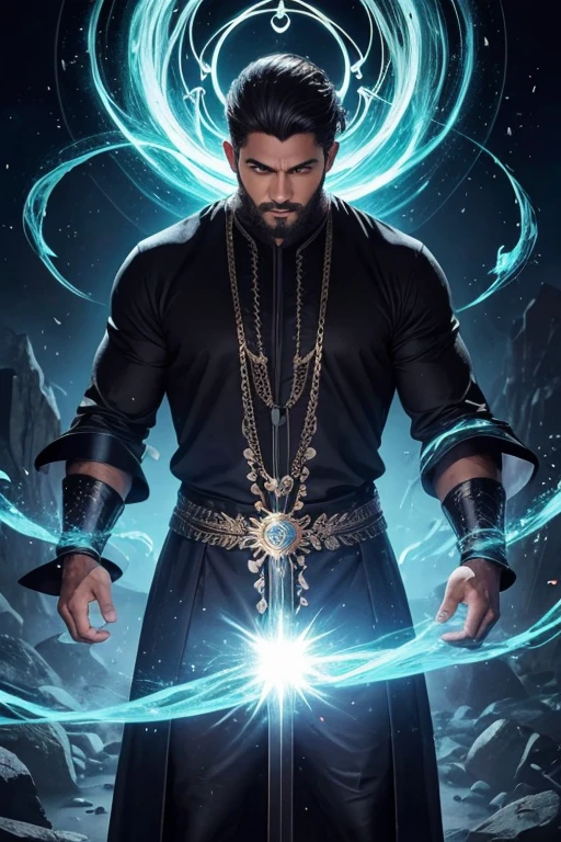 um homen mago de cabelos brancos com magia saindo dos olhos e rascado nas bordas do capuz com aparencia intimidante