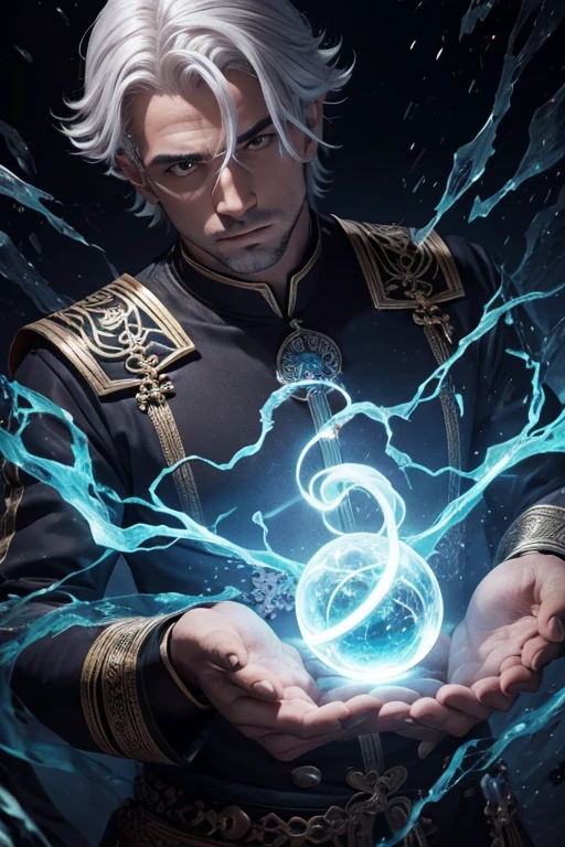 um homen mago de cabelos brancos com magia saindo dos olhos e rascado nas bordas do capuz com aparencia intimidante