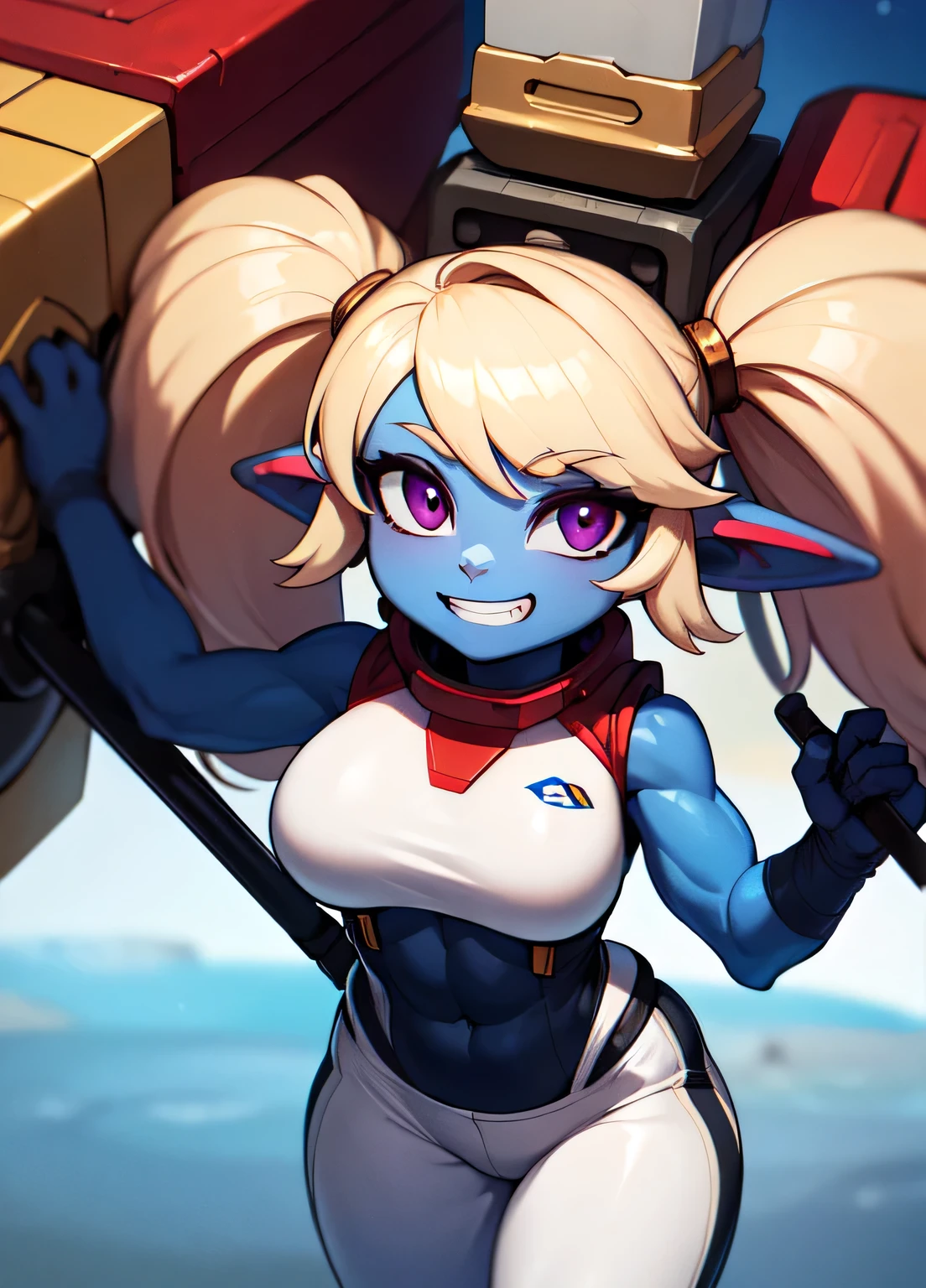((best quality)), ((highly detailed)), absurdres, extremely detailed face, beautiful face, (detailed eyes, deep eyes), (1woman), dynamic pose, cowboy shot, (poppy:1.1), yordle, blonde hair, twintails, magenta eyes, short, curvy,muscular,toned muscles, wide hips, ((colored skin, light blue skin)), large breasts, grin, spacesuit, white pants:.3, (holding colossal rocket-hammer), (inside, the ISS)