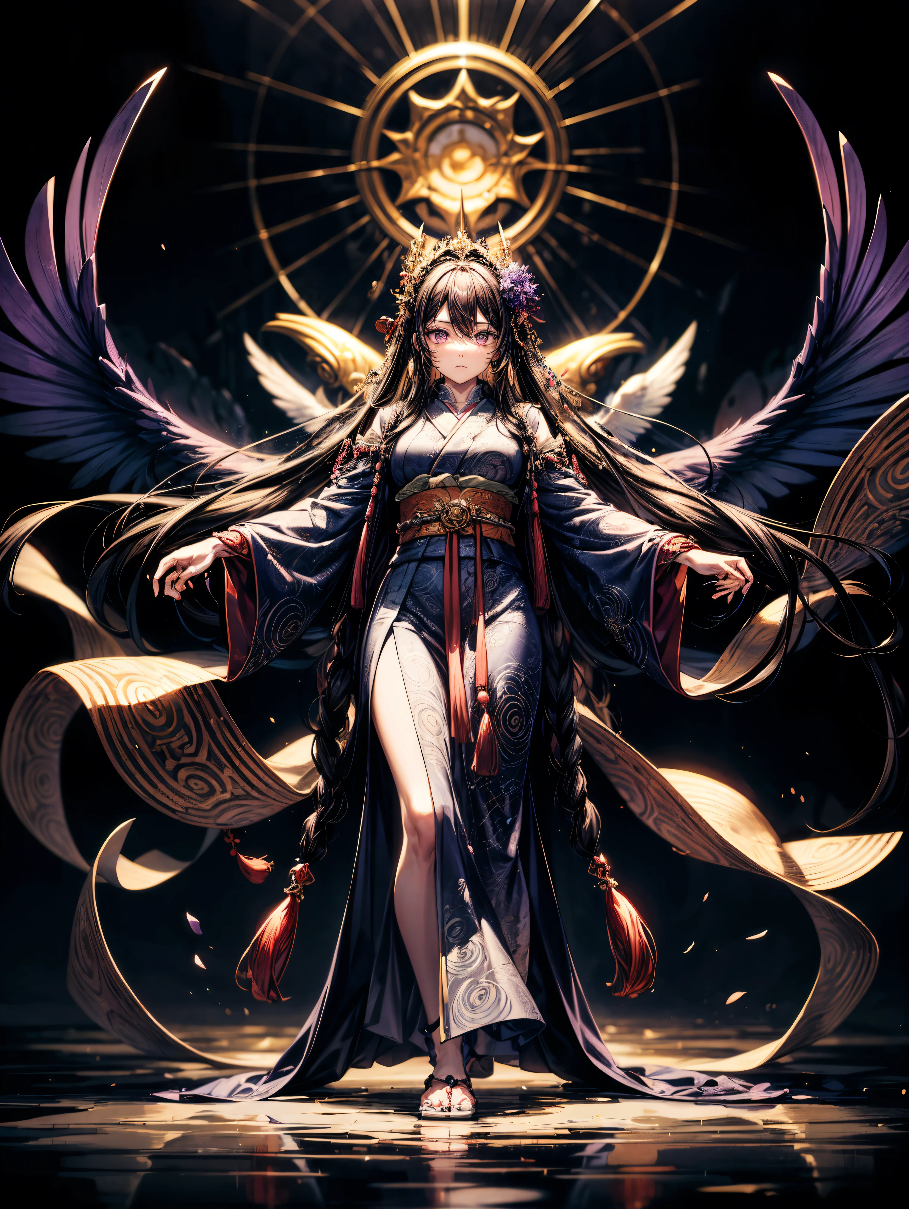 masterpiece,highest quality,Ultra high definition,Izanami,Mythical atmosphere, Long flowing black hair, ((purple eyes)), Traditional divine robe, Mysterious aura, Wisteria ornamentation, Sea of clouds in background, Ancient Japanese god-like appearance, Graceful standing posture, Silent expression, Accessories with sacred power, Mythological background,purple eyes