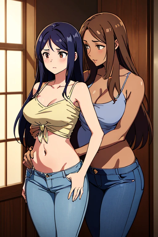 (cute couple), (detailed), perfect face, brown skin anime woman in a deep V-neck tied top, (bare shoulders), (jeans), (long hair), (slim woman), (smooth and shiny skin), worried, light blush, (best quality), (masterpiece), ((a handsome formal boy is hugging woman's stomach))