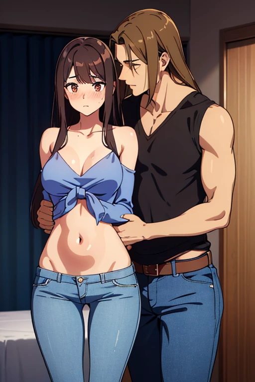 (cute couple), (detailed), perfect face, brown skin anime woman in a deep V-neck tied top, (bare shoulders), (jeans), (long hair), (slim woman), (smooth and shiny skin), worried, light blush, (best quality), (masterpiece), ((a handsome formal boy is hugging woman's stomach))