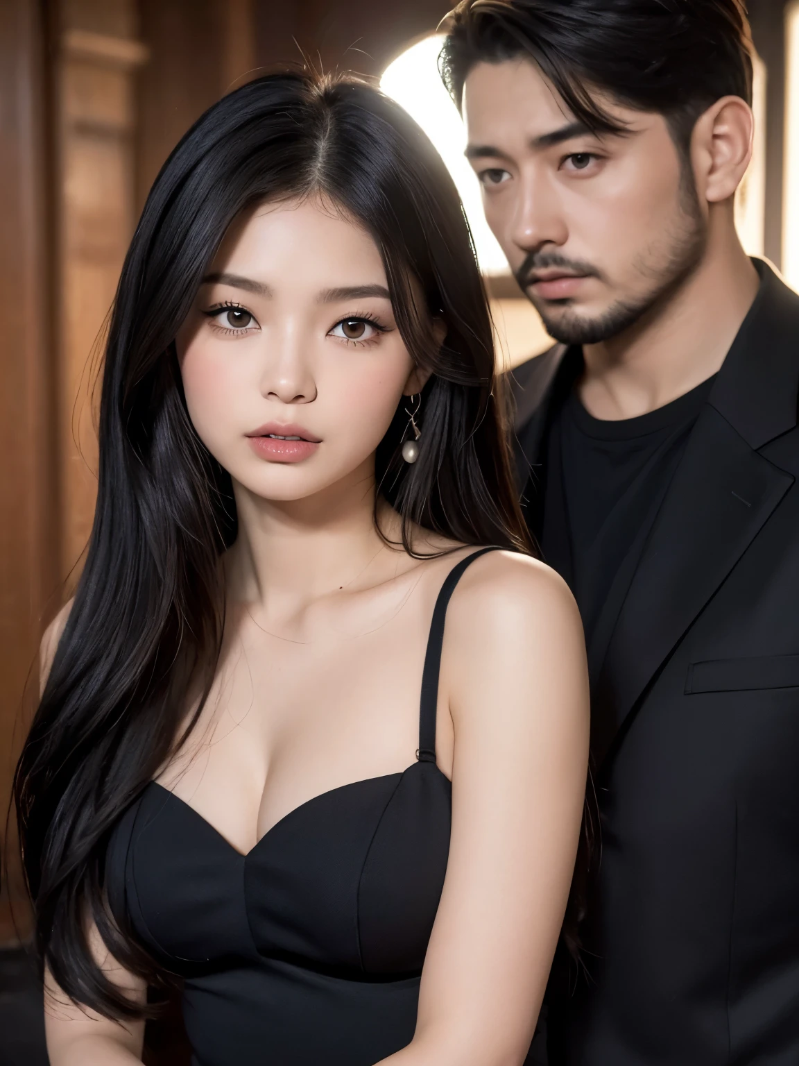 Kim Jennie con el cabello negro oscuro, con rulos en las puntas del cabello negro oscuro, con un ganchito de estrella en el cabello negro oscuro, ojos de color claro, ojos bonitos, ojos llorosos, nariz bonita y respingada, labios bonitos, labios rosas, heart and cupid shaped lip, piel bonita, pale, piel blanca, con lunares y pecas en todo el rostro, rubor rosa suave en las mejilla, rubor rosa natural, dark and gothic makeup, Jennie gotica, mientras ella esta con un chico lindo a su lado, with a cute asian boy standing next to her, mientras hay un torso de hombre, mientras el hombre&#39;His hand is on his jaw.., manos bonitas de hombre, with a gothic boy, cuellos bonito, cuello marcado, frown, mirada enojada, con un collar de beso, un collar bonito de beso, mientras muestra sus pechos desnudos, mientras tiene los pezones con dos corazones de papel rosa, tiene los pezonnes con corazones de papel rosa (pechos grandes, pechos suaves, pechos bonitos, pechos naturales), con un chico a su lado, con su novio, mirando a la camara, autofoto