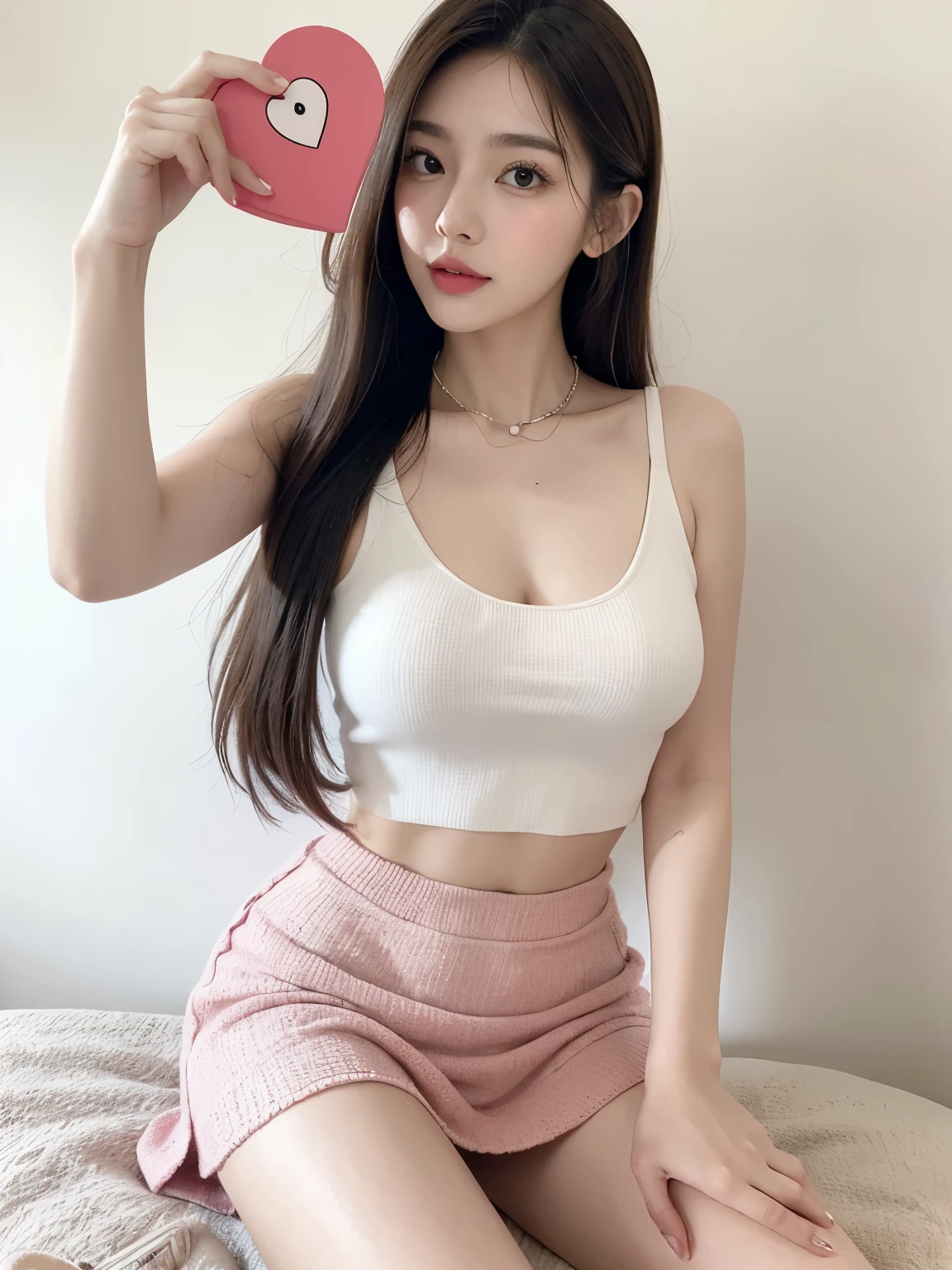 Kim Jennie with white brown hair, con rulos en las puntas, all her hair white brown, with a star clip in her white brown hair, ojos de color claro, ojos bonitos, ojos llorosos, nariz bonita y respingada, nariz lloroso, labios bonitos, labios rosas, heart and cupid shaped lip, piel bonita, pale, piel blanca, con lunares y pecas en todo el rostro, rubor rosa suave en las mejilla, rubor rosa natural, maquillaje suave y rosa, jennie, cuello bonito, cuello marcado, frown, mirada tierna, con un collar de beso, un collar bonito de beso, parecido a Yumeko Jabami, mientras lleva puesto un Crochet YK2, de lana, with a YK2 style brown mini skirt, mientras lleva una casaca con estampados de ositos, mientras tiene el abdomen desnudo, delgado, marcado y bonito, (pechos grandes, pechos suaves, pechos bonitos), mientras esta haciendo cospaly del personaje Yumeko Jabami, del anime Kakegurui, mirando a la camara, autofoto, selfie bonita