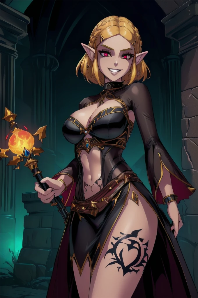 (zelda totk reimagined as a corrupted dark queen by ganon )+++, sfw++,masterpiece, best quality, high quality, illustration, film grain,(perfect female )++, beautiful detailed eyes, (symbol of evil:1.2),milf zelda, lascivious woman, (evil smile:1.1), (villain, dark heroine:1.2), (perfect female proportions:1.1), (seductive eyes:1.2), eyeliner, mascara, sexy makeup, (seductive smile:1.2), (mature woman:1.4),masterpiece, best quality, high quality, illustration, film grain, 1girl, (glowing evil red eyes), evil grin, crazy eyes, (high resolution, masterpiece, ultra best quality, insanely amazing hyper fine extremely detailed, official:1.4) dark heroine anime girl with short hair in a dark and evil place, extremely detailed artgerm, (official:1.4), dynamic composition, (solo girl:1.4), {sfw}, masterpiece, ultra-detailed, iconic attack, dominatrix, spiked collar, dark kingdom, bad end, 1girl, solo female, solo focus, mature female, standing, full body, looking at viewer, dark zelda totk, dark queen, evil, corruption, contrapposto, mind break, blond hair, (short hair:1,5), evil smile, lips, eyelashes, evil grin, dark aura, thigh_clothes, ,alternate costume, bdsm, (intricate details:1.12), (intricate details, hyperdetailed:1.15), hdr, dungeon, (at night:1.2), fireplace, warm light, dramatic light, cinematic,creepy dungeon, dark aesthetic, goth aesthetic, creepy, ominous background, dark atmosphere, death atmosphere, green and red atmosphere, evil dungeon background, gothique, faint darkness, ((red glow crotch tattoo)),