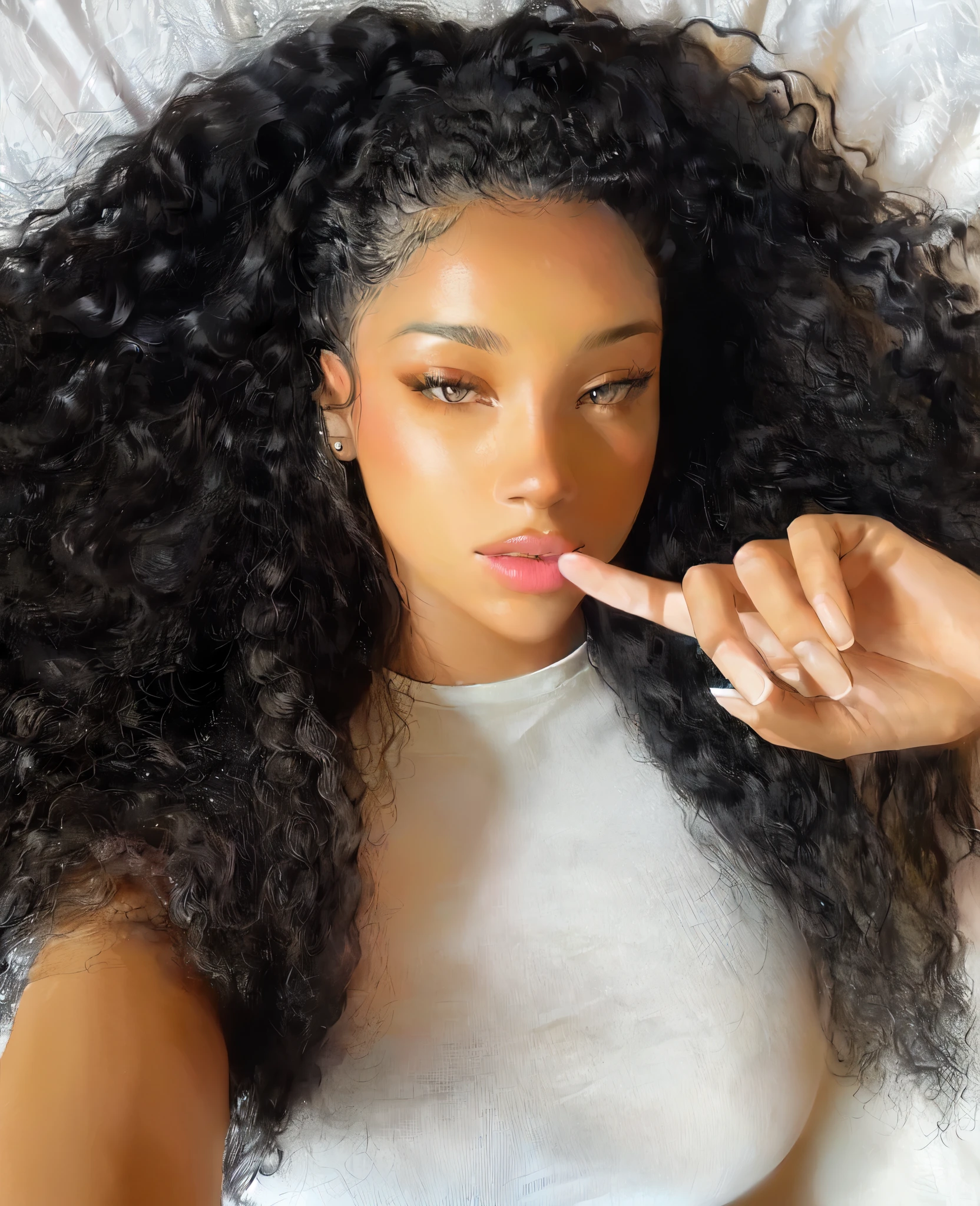 there is a woman with long curly hair holding a finger up to her lips, long black curly hair, black long curly hair, long wild black curly hair, black curly hair, long curly black hair, wavy hair spread out, with textured hair and skin, long dark curly hair, curly black hair, curly haired, long afro hair, long curly hair, curly