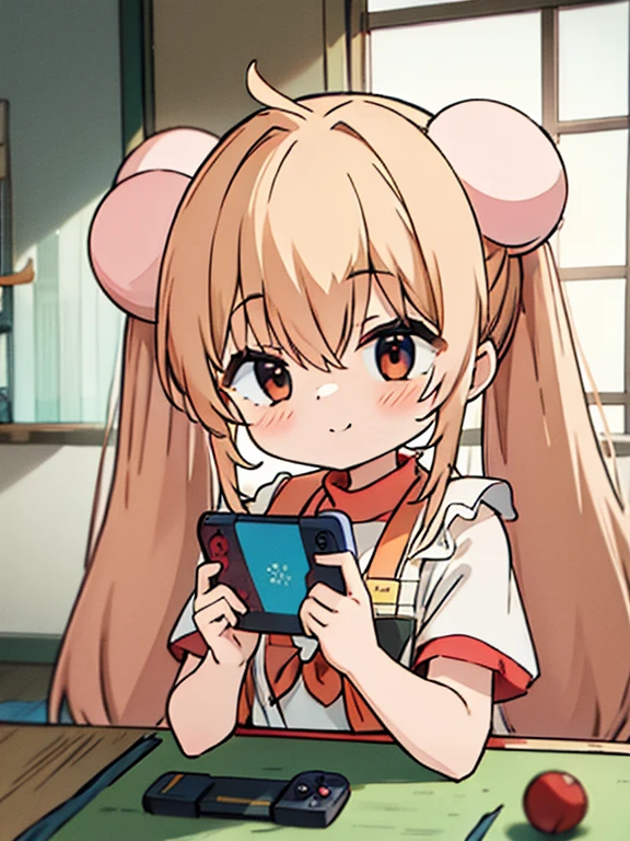 1 girl, kokonoe rin, lindo, tatami, pelo rubio largo, cute smile, ojos cafe naranja, Piel clara, twintail ,conejoSD, head twin buns, turtleneck, Falda larga, handheld game console,;is circling, estoy jugando un juego, tsundere, Lots of conejos, 