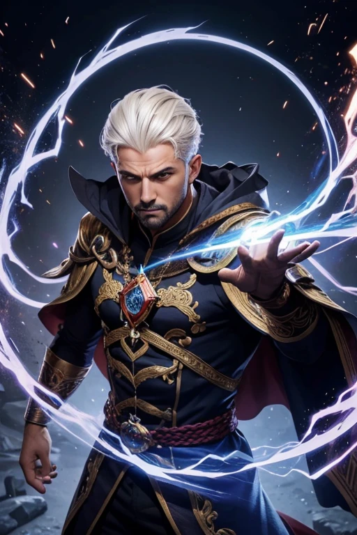 um homen mago de cabelos brancos com magia saindo dos olhos e rascado nas bordas do capuz com aparencia intimidante super poderoso