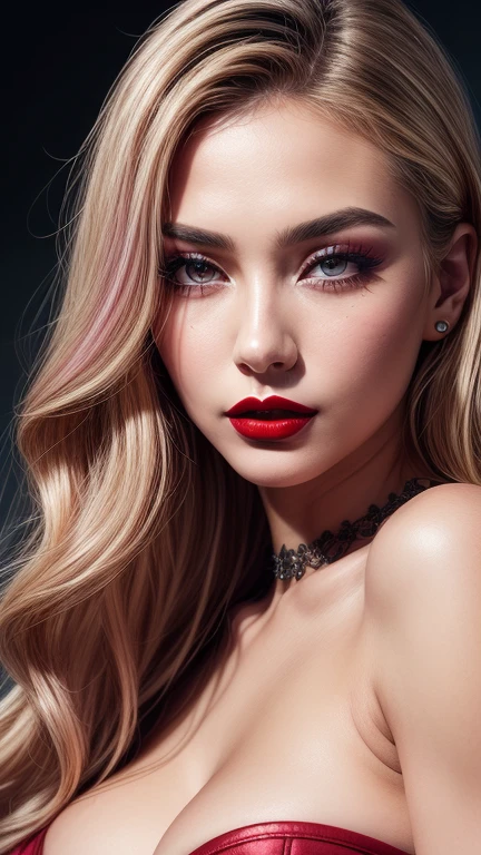 Ultra-realistic、 ultra-detailed primetime portraits、 最high quality、 8K、highest level、 The ultra -The high-definition)、waist up pose , upper knees pose , sexy sensual confident look to camera , (Super beautiful)、(beautiful face:1.5)、(detailed face:1.5)、(detailed eyes:1.2)、(detailed lip:1.2)、(Detailed nose:1.2)、((cleavage:1.2))、1girl:1.4 22years old、fashion supermodel、real:1.75、photorealistic:1.75、(very delicate and beautiful、fine details:1.3)、masterpiece、 最high quality、 (high quality)、 (absurdres)、 (sharp fous)、(Glamour, paparazzi taking pictures of her)、 (blonde:1.3) (medium hair、extremely detailed)、 contrast、 (dark shot:1.17)、 Long 2blue_eyelashes:1.27、 (dark_eyeshadows:1.3)、 (red_lipstick:1.35)、((perfect round eyes))、 ((gray_eyes))、 (dark_pink_makeup:1.33)、(matte skin:1.3)、 ((upper body shot))