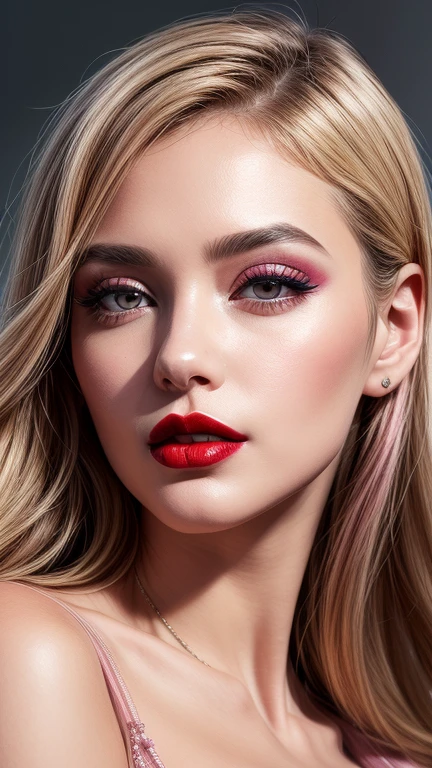 Ultra-realistic、 ultra-detailed primetime portraits、 最high quality、 8K、highest level、 The ultra -The high-definition)、waist up pose , upper knees pose , sexy sensual confident look to camera , (Super beautiful)、(beautiful face:1.5)、(detailed face:1.5)、(detailed eyes:1.2)、(detailed lip:1.2)、(Detailed nose:1.2)、((cleavage:1.2))、1girl:1.4 22years old、fashion supermodel、real:1.75、photorealistic:1.75、(very delicate and beautiful、fine details:1.3)、masterpiece、 最high quality、 (high quality)、 (absurdres)、 (sharp fous)、(Glamour, paparazzi taking pictures of her)、 (blonde:1.3) (medium hair、extremely detailed)、 contrast、 (dark shot:1.17)、 Long 2blue_eyelashes:1.27、 (dark_eyeshadows:1.3)、 (red_lipstick:1.35)、((perfect round eyes))、 ((gray_eyes))、 (dark_pink_makeup:1.33)、(matte skin:1.3)、 ((upper body shot))