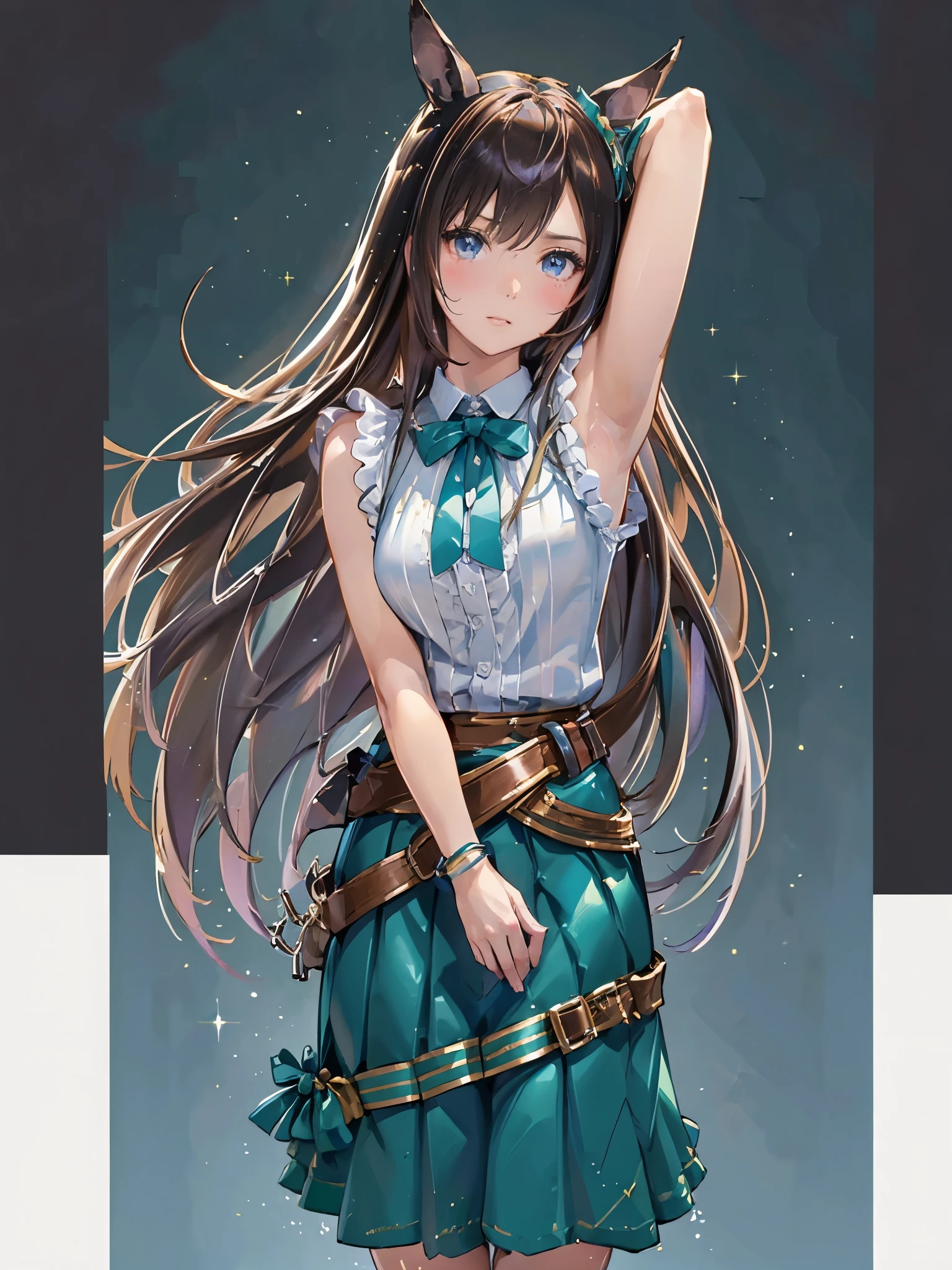 ((Armpit Show)),(masterpiece:1.2、highest quality)、(Beautiful eyes with attention to detail:1.2)、(Highly detailed CG Unity 8k wallpaper、masterpiece、highest quality、Ultra-detailed、Best Shadow)、(细致background)、(Beautifully detailed face、Beautiful and fine details)、High contrast、(Best lighting、Very delicate and beautiful)、One Girl、((透明なbackgroundに飛び散るカラフルなペイント、Dulux、))、Dynamic Angle、Beautiful sparkle in the details、Whole Body Ezbian、Cowboy Shot、Brown haired(length)、blue eyes、Beautiful Year、Uma Musume、White clothes、Green Skirt、Green ribbon(chest)、Laughter、background(Simple highlights)、明るいbackground、Light and Dark、Light shines in、null