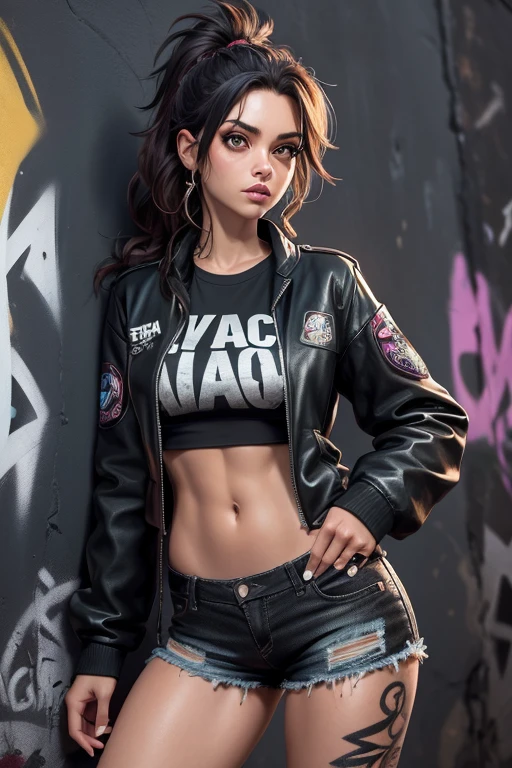 A close up of a woman in a black jacket and shorts, 1 garota linda, Messy hair, seios grandes, camisa punk, garota rock 'n' roll, um pouco musculosa, anatomia perfeita , HD realista 3, a wall with graffiti in the background