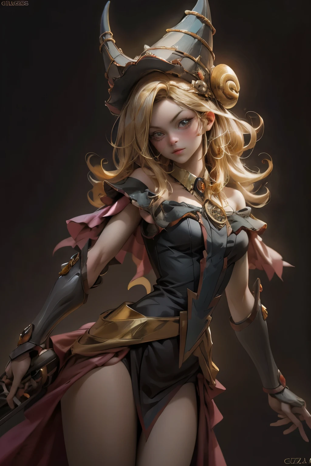 (8k,fotorrealista　raw photography　the highest quality;1.4) 　(1chica en)　Super belleza　(cara realista)　cuerpo femenino 　(Rubia de rizos largos)　Hold a black and red magic wand　Escena de combate　Magic hat with black and gold exterior　Beautiful expression　Deslumbramiento　(Piel de aspecto real)　(Giles magos oscuros)　tentador　super high resolution　Un hiperrealista　Alto detalle　foto de cuerpo completo　restos