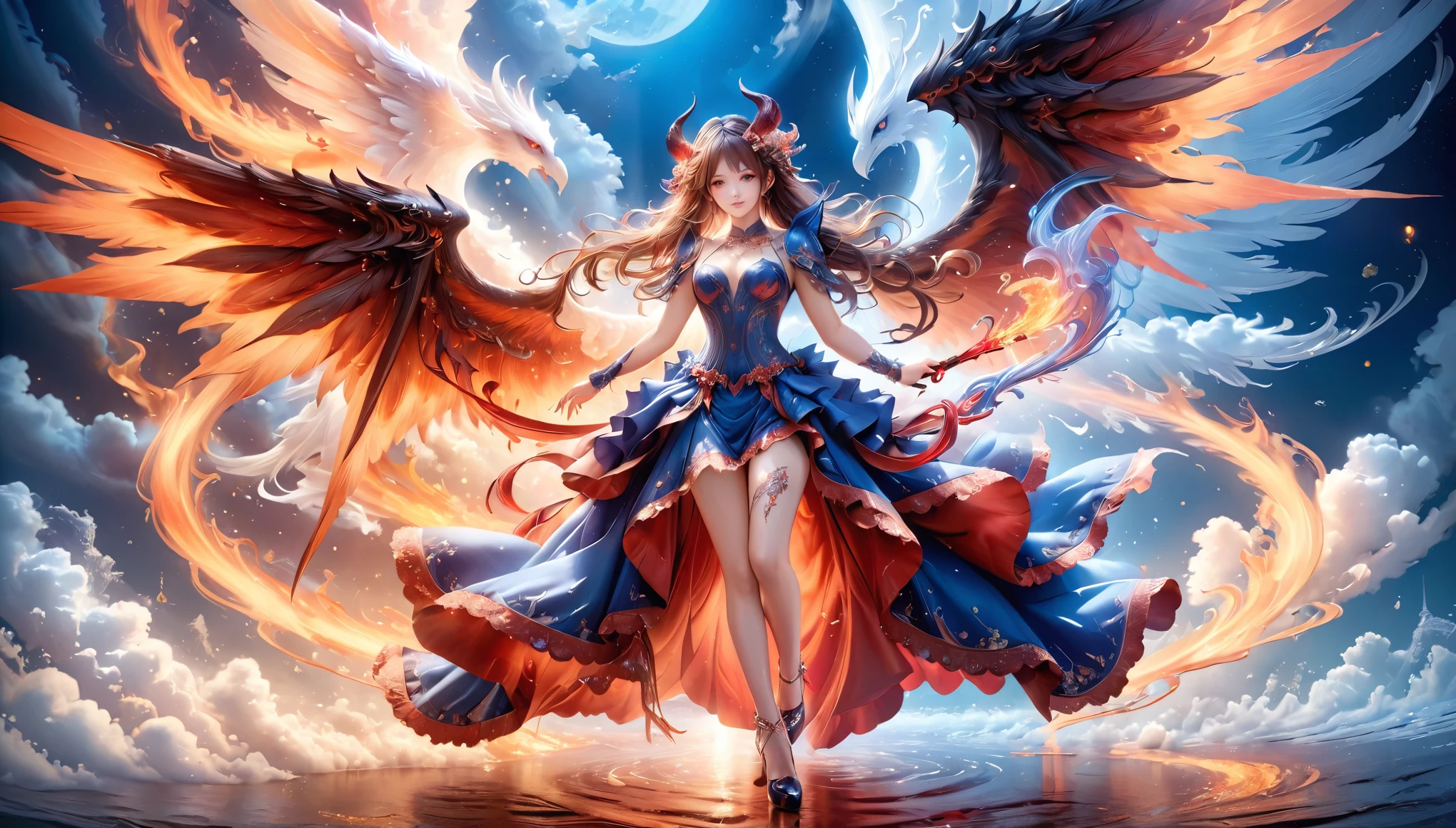 fantasy art, RPG art, a picture of 2 women, a female angel (Masterpiece, intricate details: 1.5), wearing dress, pale skin, best details beautiful face (Masterpiece, intricate details: 1.3 ), blond hair, long hair wavy hair (Masterpiece, intricate details: 1.3), blue eyes, high heeled boots, wearing a dress (Masterpiece, intricate details: 1.3), large feathered wings, white angel_wings spread AND a female demon (Masterpiece, intricate details: 1.5), demon, red skin (Masterpiece, intricate details: 1.3), black flame wings spread, demonic horns (Masterpiece: 1.3), red skin (Masterpiece: 1.3), black hair, red eyes, best details beautiful face (Masterpiece, intricate details: 1.2), wearing a dress (Masterpiece, intricate details: 1.3), black high heels, in the border between heaven and hell, moon, stars, clouds, god rays, soft natural light silhouette, dynamic angle, photorealism, panoramic view (Masterpiece 1.3, intense details) , Wide-Angle, Ultra-Wide, faize