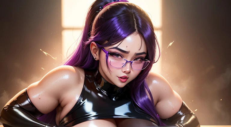 super curvy Thai model Glossy enamel black dress Purple hair eye glass bangss Flushed cheeks Sexy and naughty smile bbw Muchimuchi large boob full of sweat ((Copious sweat flows)) ((sweaty and shiny skin)) Beautiful armpits Sexy actress bright red lips Portrait Inside the steamy prison
