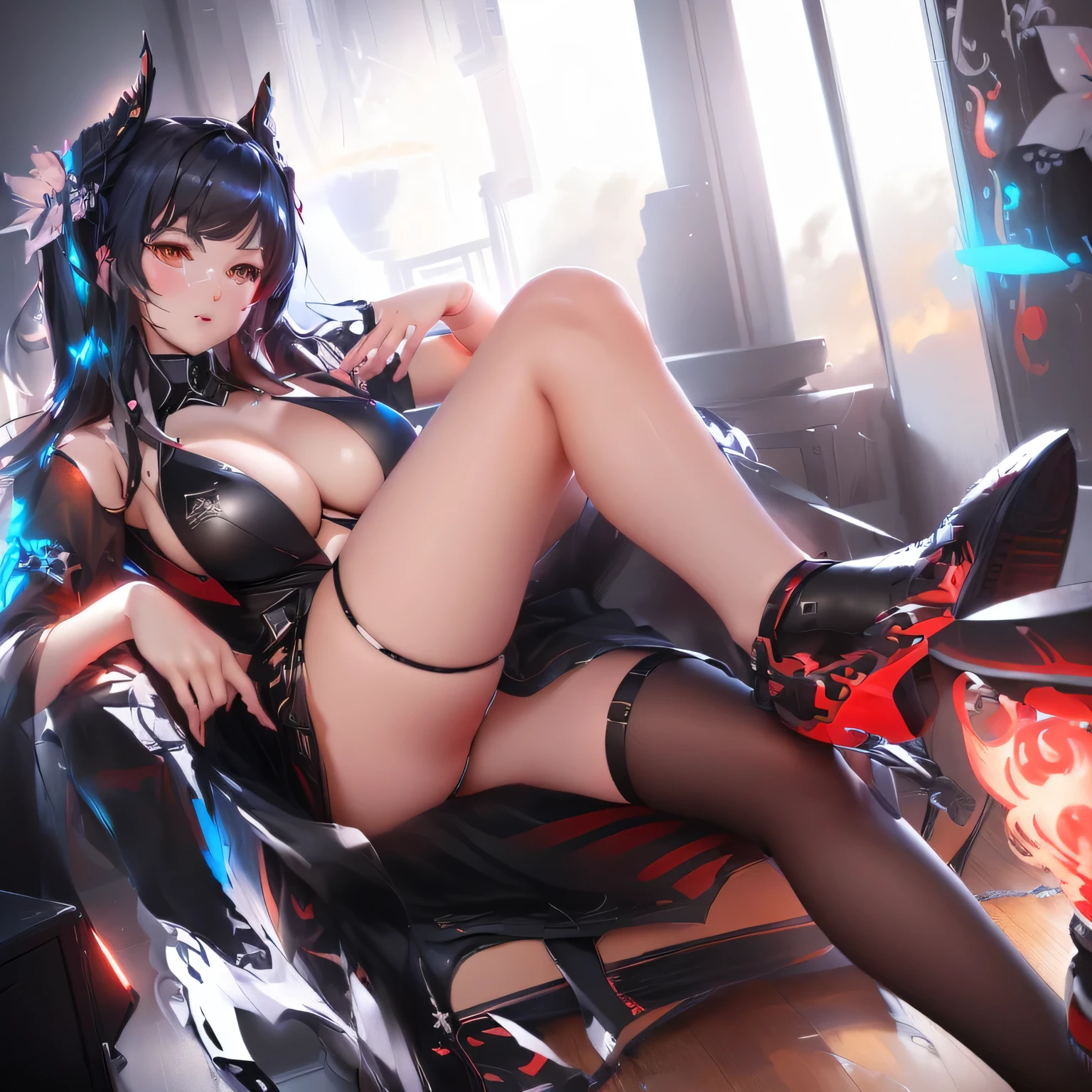 Anime girl in a black bikini sitting on a red chair, Attractive anime girl, Fine details. Girls Frontline, from Girls Frontline, Azure Lane style, guweiz, From the Azur Lane video game, Popular on artstation pixiv, Beautiful and charming anime woman, anime goddess, 《Azur route》Role in, Girls Frontline cg, Extremely detailed artger