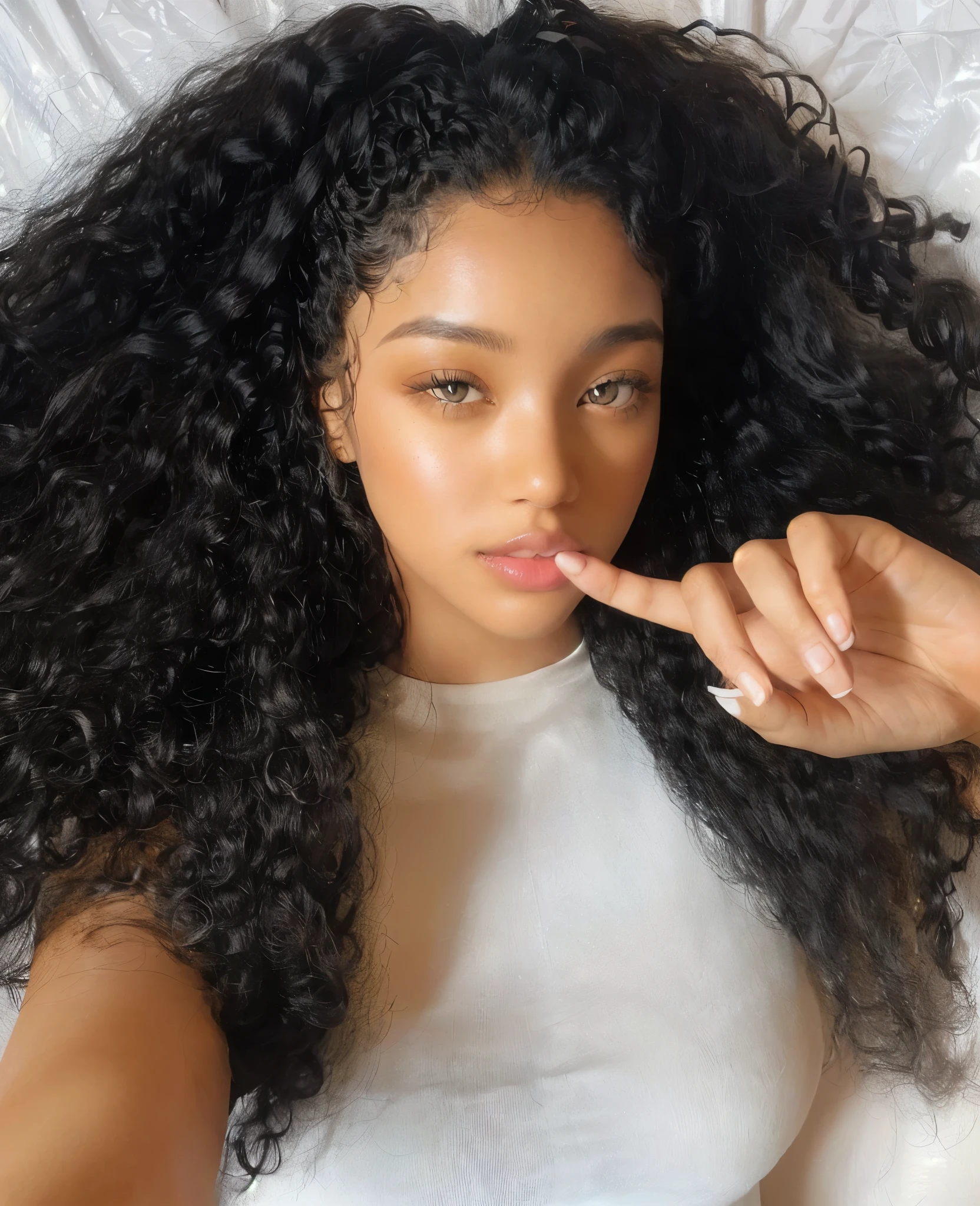 there is a woman with long curly hair holding a finger up to her lips, long black curly hair, black long curly hair, long wild black curly hair, black curly hair, long curly black hair, wavy hair spread out, with textured hair and skin, long dark curly hair, curly black hair, curly haired, long afro hair, long curly hair, curly