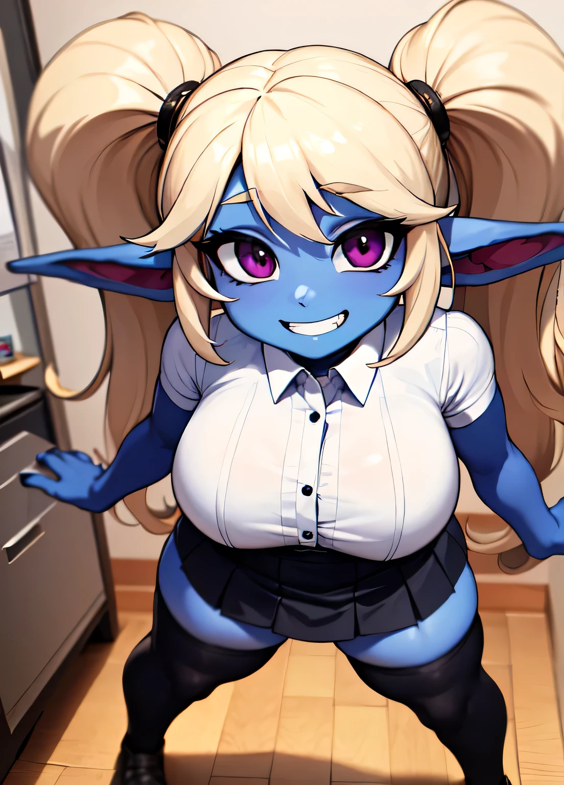 ((best quality)), ((highly detailed)), fullbody photo,masterpiece, absurdres, detailed face, beautiful face, (detailed eyes, deep eyes), (1woman), dynamic pose, (poppy:1.1), blonde hair, twintails, magenta eyes, curvy, wide hips, ((colored skin, blue skin)), big breasts, grin,white shirt with buttons,short sleeves,black skirt, thighhighs, professional photoshoot,standing in a manhatten office