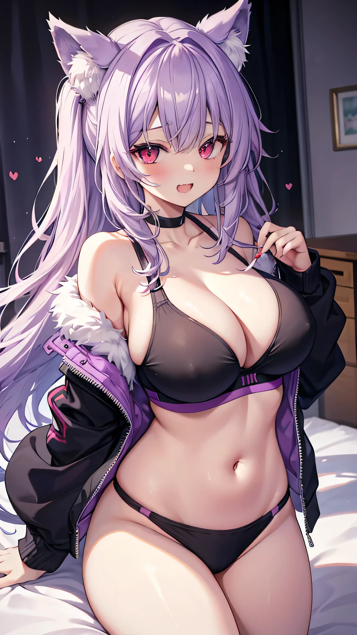 Wolf Girl, Large Breasts, Voluminous, messy, light purple hair, masterpiece , Red eyes, hd, Head to Chest, Put in your chest、 tooth、Double teeth,, On the bed、Thick thighs、Grinning、Sports Bra、Big Tits、Open your mouth、Jacket