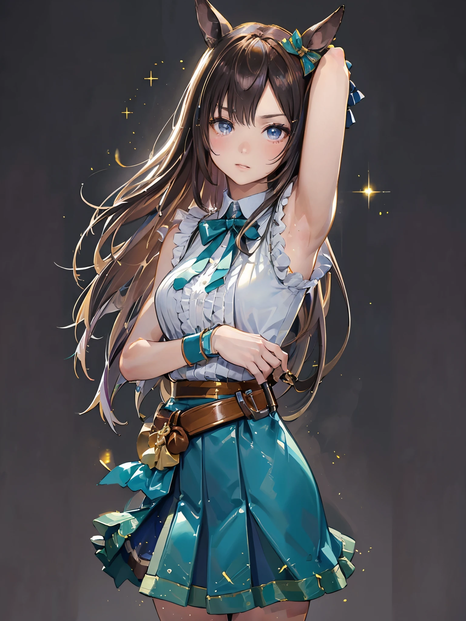 ((Armpit Show)),(masterpiece:1.2、highest quality)、(Beautiful eyes with attention to detail:1.2)、(Highly detailed CG Unity 8k wallpaper、masterpiece、highest quality、Ultra-detailed、Best Shadow)、(细致background)、(Beautifully detailed face、Beautiful and fine details)、High contrast、(Best lighting、Very delicate and beautiful)、One Girl、((透明なbackgroundに飛び散るカラフルなペイント、Dulux、))、Dynamic Angle、Beautiful sparkle in the details、Whole Body Ezbian、Cowboy Shot、Brown haired(length)、blue eyes、Beautiful Year、Uma Musume、White clothes、Green Skirt、Green ribbon(chest)、Laughter、background(Simple highlights)、明るいbackground、Light and Dark、Light shines in、null