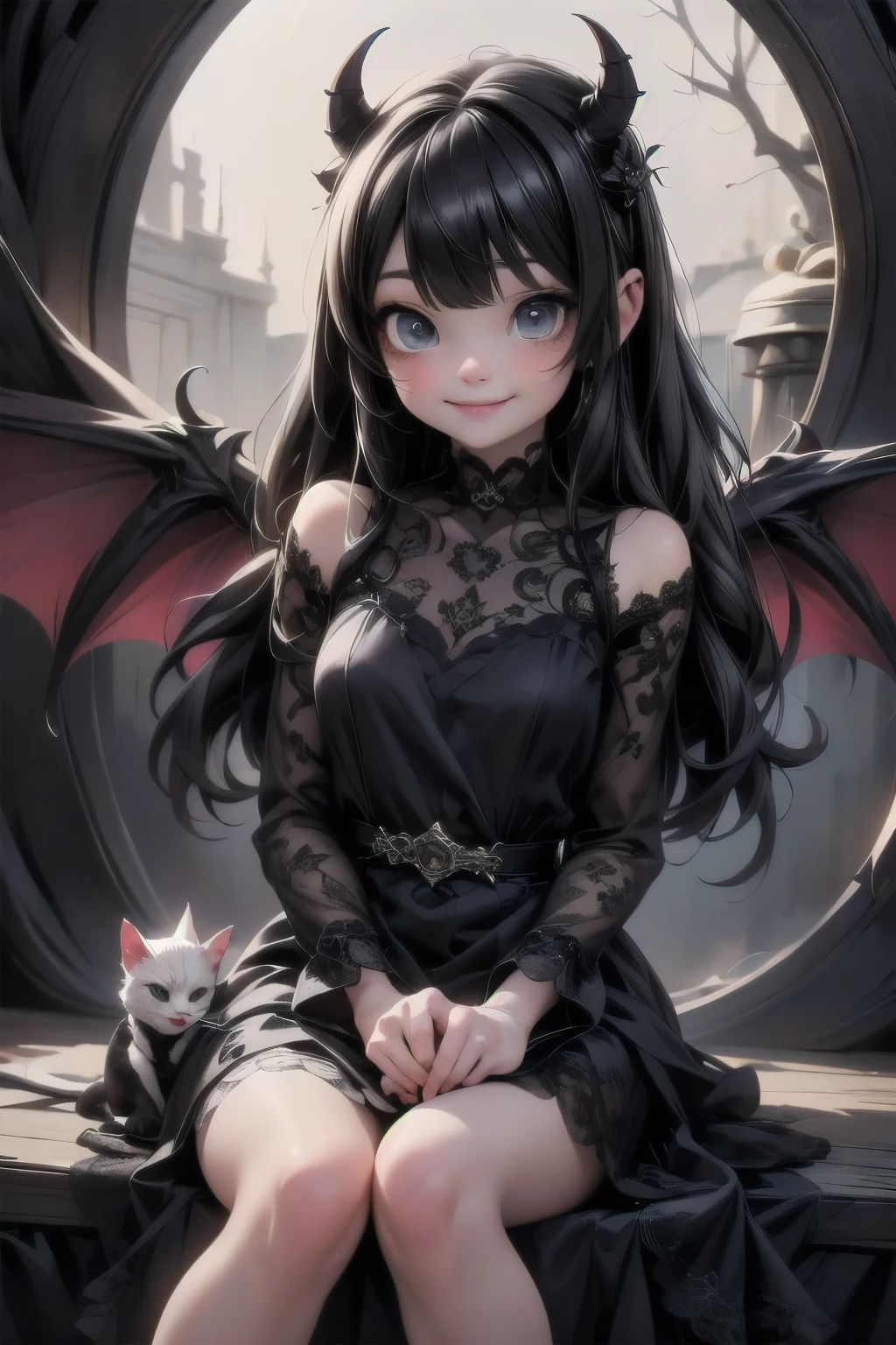 a cute demon girl smiling floating in the air, lace cloth gothci dress, at night, creepy, horror style