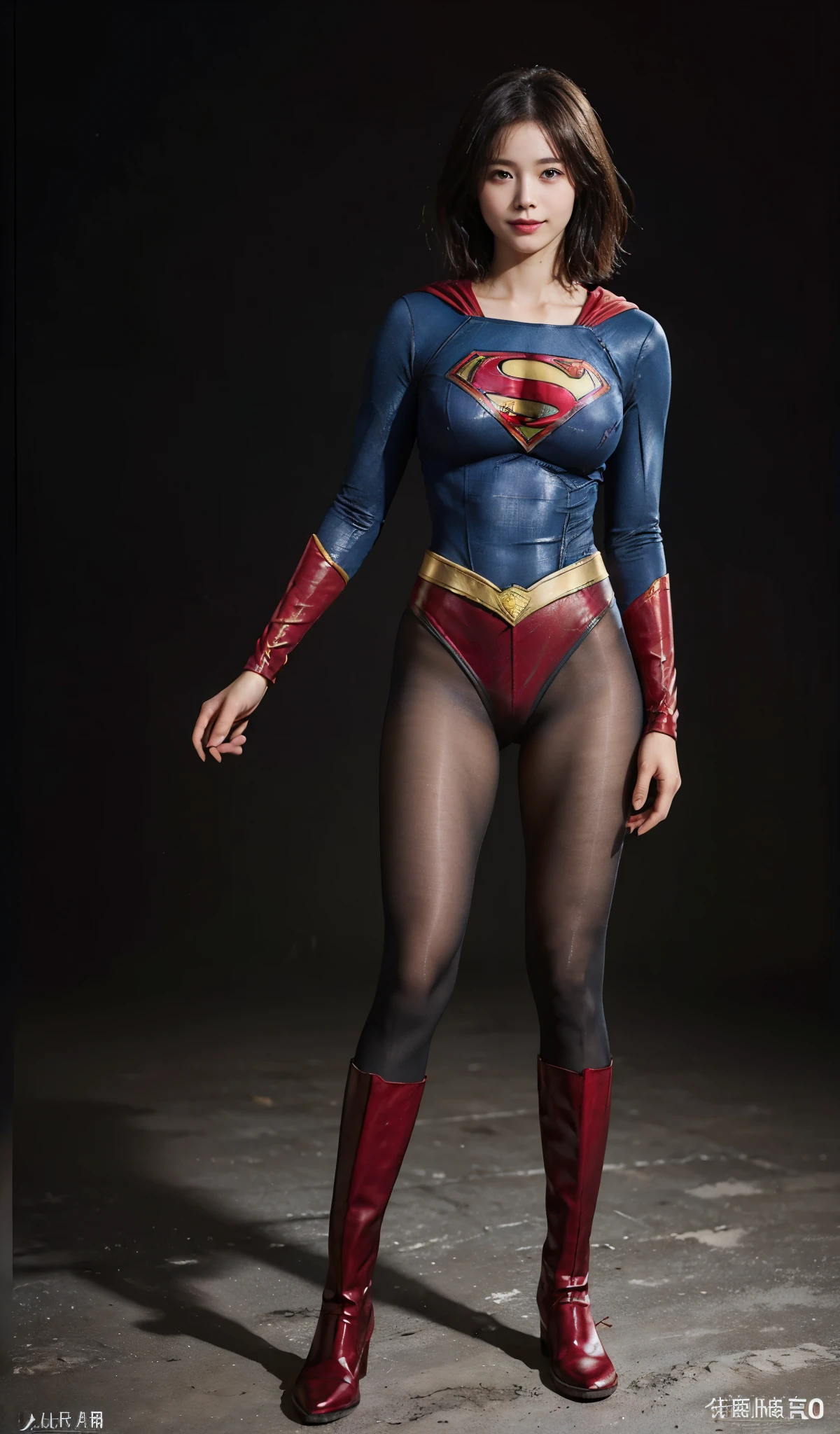 No background、(((Beautiful legs in black tights.)))、(((Legally express the beauty of your smile)))、((((Make the most of your original images)))、(((Supergirl Costume)))、(((Beautiful short bob hair)))、(((suffering)))、(((Please wear black tights....、Wear red boots)))、((Best image quality、8k))、((highest quality、8k、masterpiece:1.3))、(((Preserve background )))、Sharp focus:1.2、Beautiful woman with perfect figure:1.4、Slim Abs:1.2、Wet body:1.5、Highly detailed face and skin texture、8k