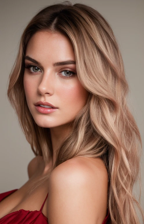 20 years old blond supermodel with very long hair ((blushing)), waist up, long straight lift hair, dynamic pose, modelshoot: photoshoot, HD, high contrast, sharp image, mastery, mouth closed, balanced eyes, CG render, small skull, clavicle detail, (best quality detail: 1.2), realistic, 8K ultra-fine, high-quality texture, fine texture, fine detail, high detail, extremely detailed CG, high-quality shadows, beautiful and delicate eyes, beautiful woman, large breasts, tall, blurred background, red dress.