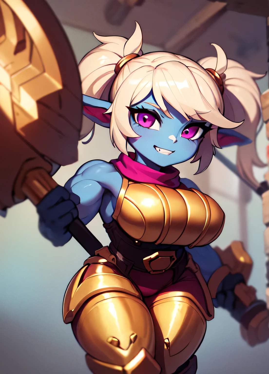 ((best quality)), ((highly detailed)), absurdres, extremely detailed face, beautiful face, (detailed eyes, deep eyes), (1woman), dynamic pose, cowboy shot, (poppy:1.1), yordle, blonde hair, twintails, magenta eyes, short, muscular,toned muscles,curvy, wide hips, ((colored skin, light blue skin)), big breasts, grin, armor, golden pants:.3, scarf, (holding colossal battle-mace), (outside, on a training yard)