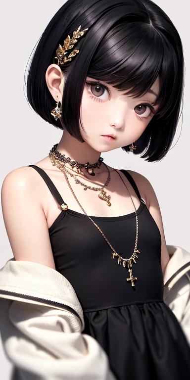 Top quality masterpiece illustrations、Black hair and black eyes、Wearing multiple necklaces、Wearing earrings and rings、 in a white fancy dress looking up、Beautiful face with hair on the side short hair at the angle of the lower body is fair、Bright colors、more details、