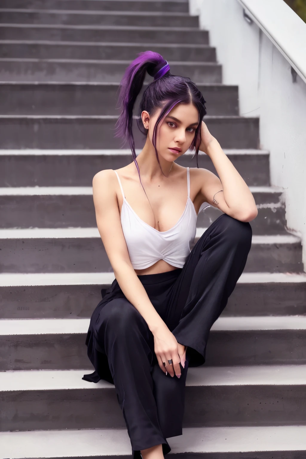 a woman sitting on the stairs,,,, hair tied up,,,,, ponytail,,, black hair with a single green streak,,,,
her clothes are dark purple cropped, dark color, super light lilac pants,,popstar,,, 4k,, ultra realistic,, sensual,,, stylish clothes,,,