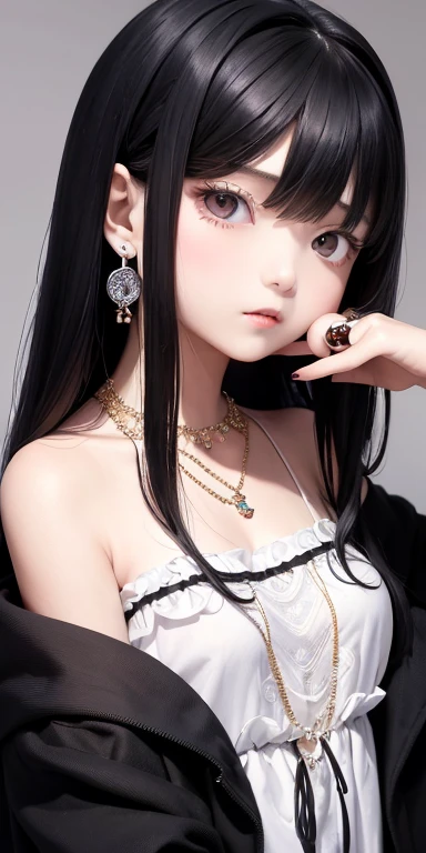 Top quality masterpiece illustrations、Black hair and black eyes、Wearing multiple necklaces、Wearing earrings and rings、 in a white fancy dress looking up、Beautiful face with hair on the side long hair at the angle of the lower body is fair.。